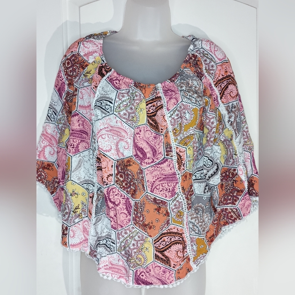 FEVER Artsy Patchwork Blouse S colorful Western Boho Short Sleeve